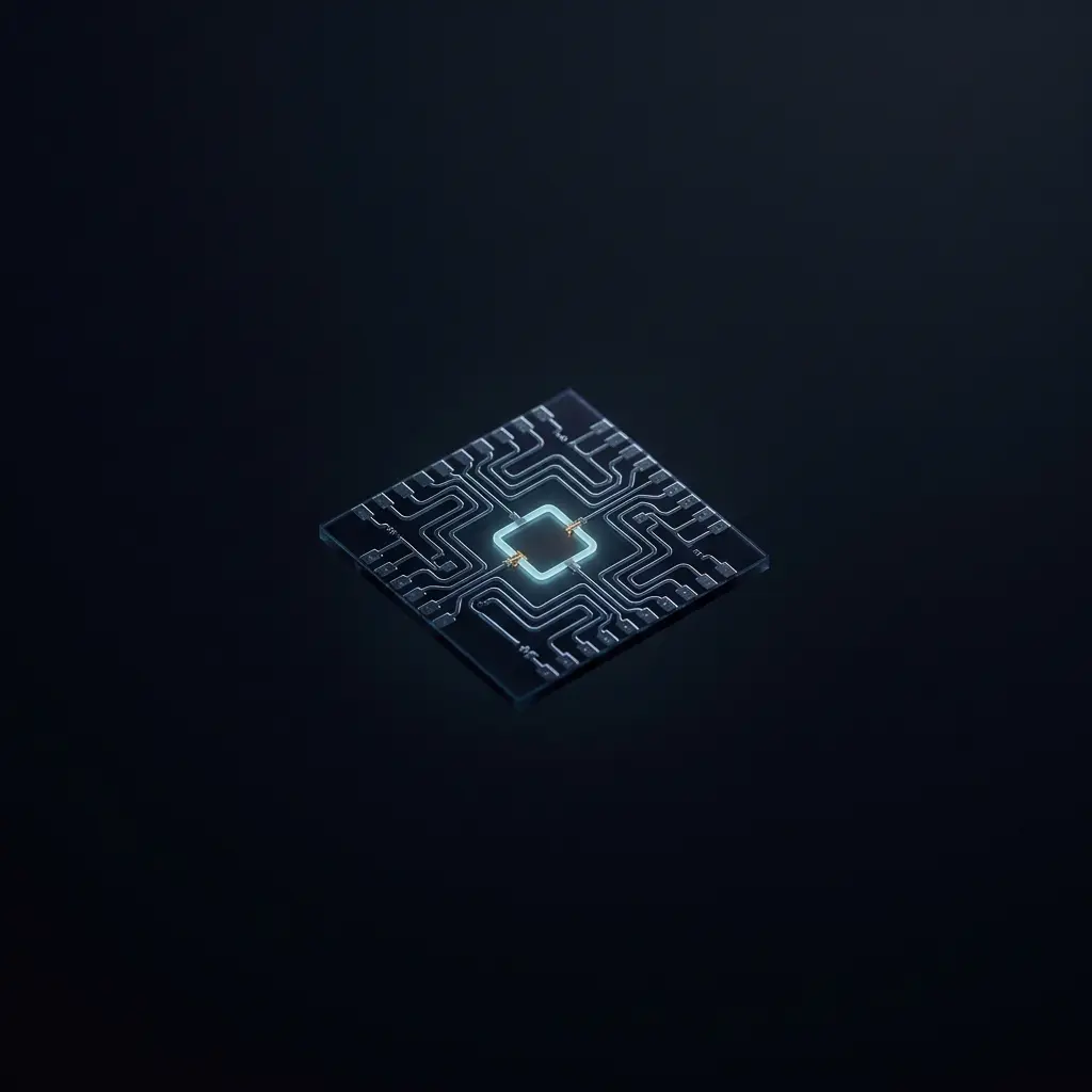 Qubit chip glowing in darkness