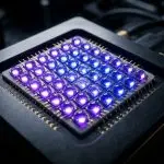 A square array of glowing blue and purple LEDs sits atop a dark, textured surface, illuminated in a low-light setting.