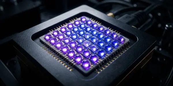 A square array of glowing blue and purple LEDs sits atop a dark, textured surface, illuminated in a low-light setting.