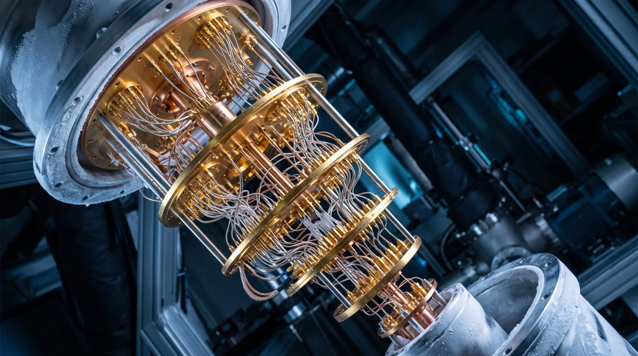 Gold cryostat stages with copper wiring spanning between frosted flanges, tilted in a lab