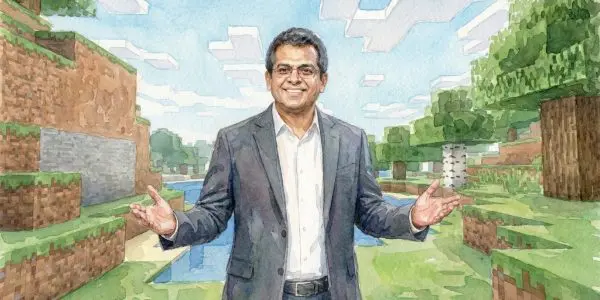 Illustrated portrait of Rizwan Virk standing with open hands in a blocky voxel landscape, evoking the simulated worlds his books argue about