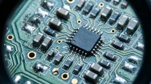 Chip and surface-mount components on a teal circuit board seen through a round loupe