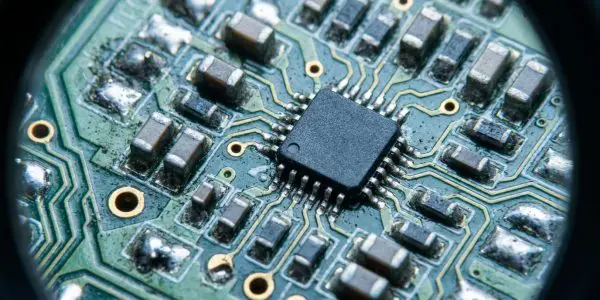 Chip and surface-mount components on a teal circuit board seen through a round loupe
