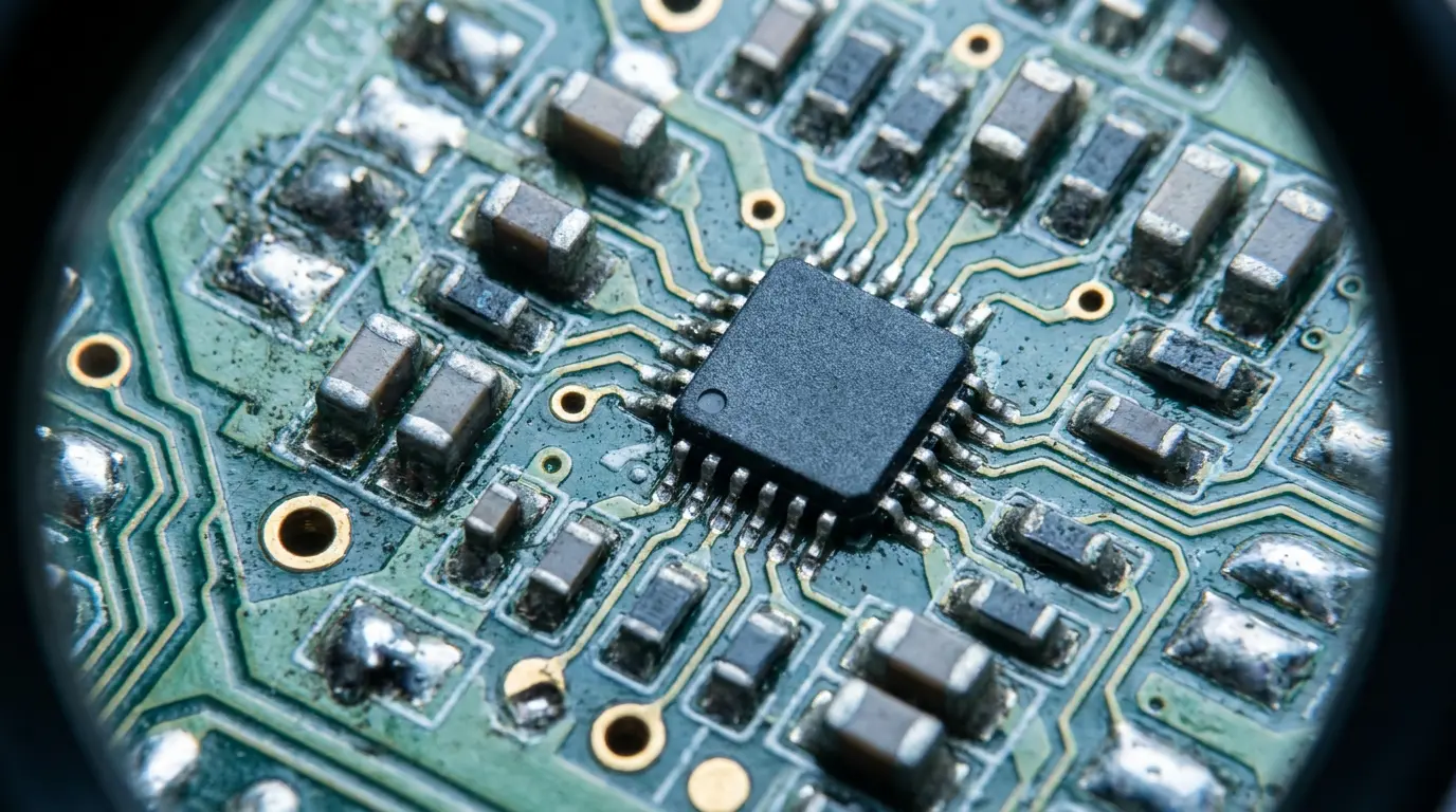 Chip and surface-mount components on a teal circuit board seen through a round loupe