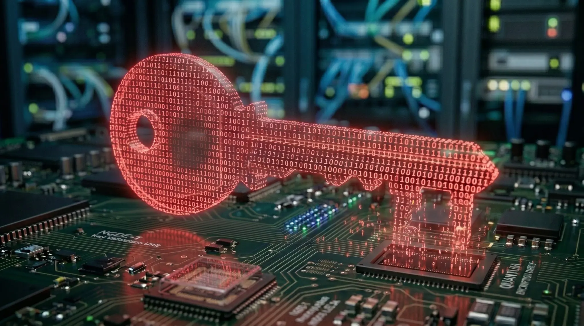 A glowing key formed from binary code floats above a complex circuit board in a darkened server room, dominated by blues and oranges.