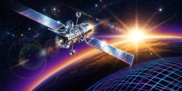 A satellite with extended solar panels above the Earth