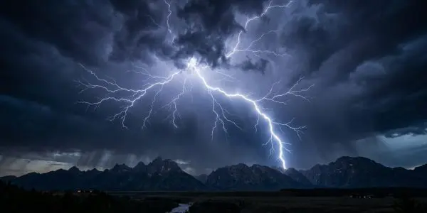 A lightning bolt over a dark ridge