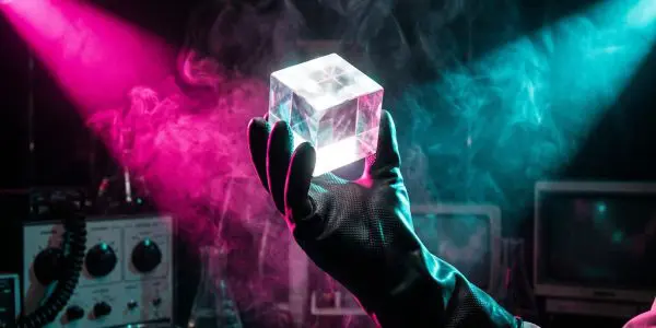 A gloved hand holding a clear crystal cube
