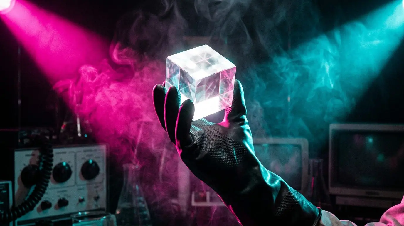 A gloved hand holding a clear crystal cube