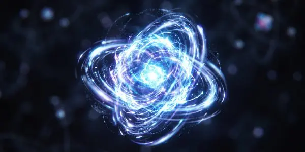 A bright core wrapped in swirling blue orbital trails