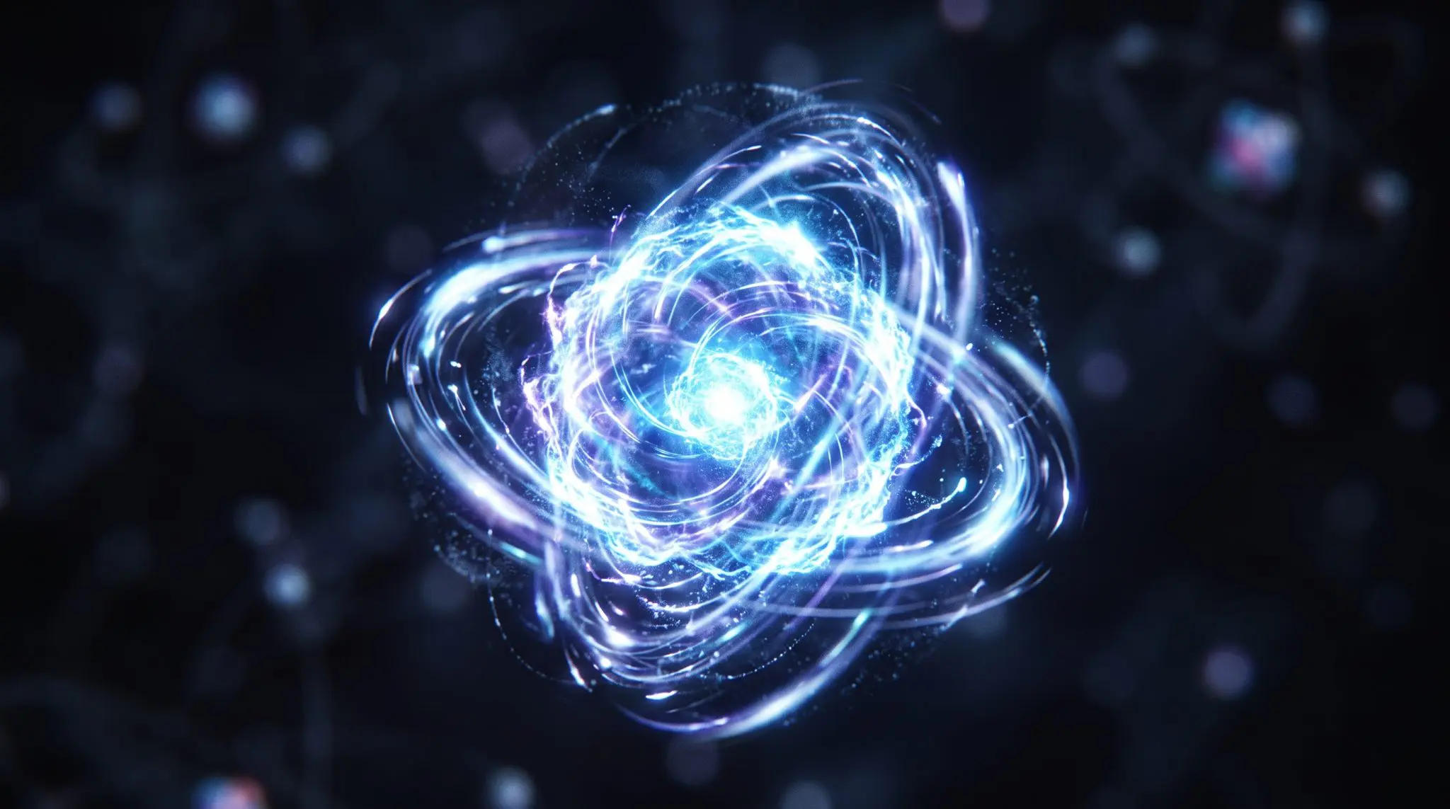 A bright core wrapped in swirling blue orbital trails