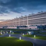 Industrial data-centre complex at dusk