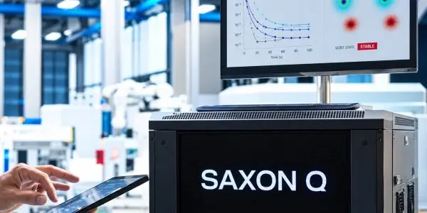 A dark-coloured quantum computer is shown in a bright, industrial setting with a monitor displaying data graphs.