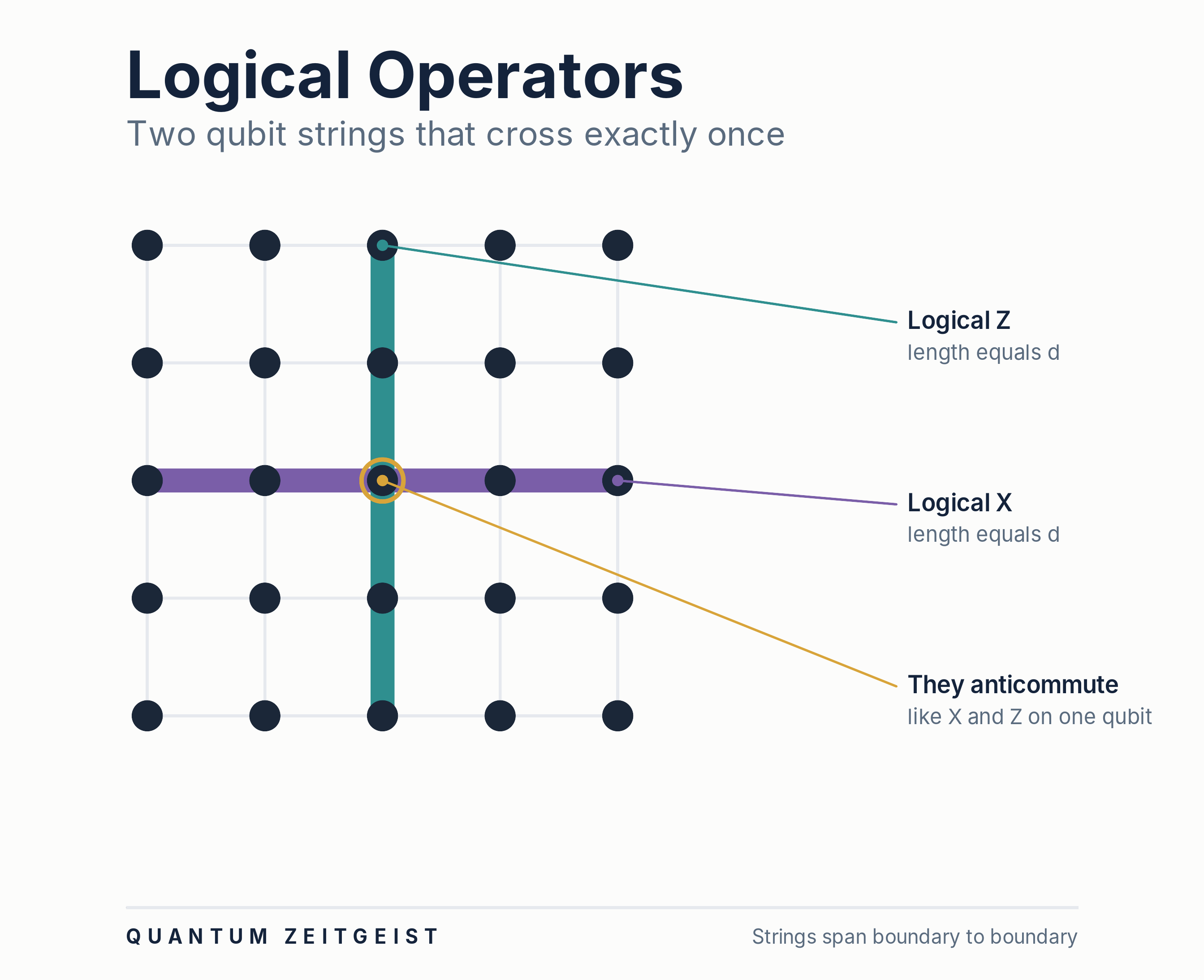 Logical X and logical Z operators drawn as crossing qubit strings spanning a surface code patch
