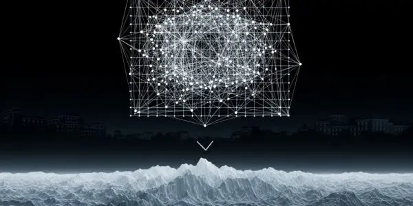 Abstract scheduling grid reorganizing into smooth optimized pattern, annealing energy landscape flattening beneath it