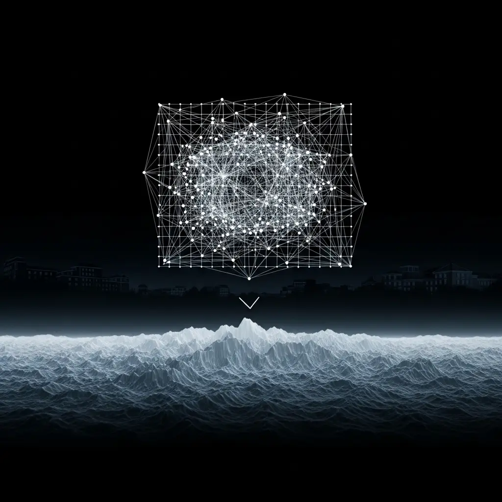 Abstract scheduling grid reorganizing into smooth optimized pattern, annealing energy landscape flattening beneath it