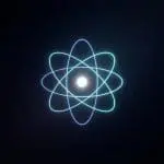A bright white core surrounded by intersecting glowing blue-green elliptical orbital rings against dark space.