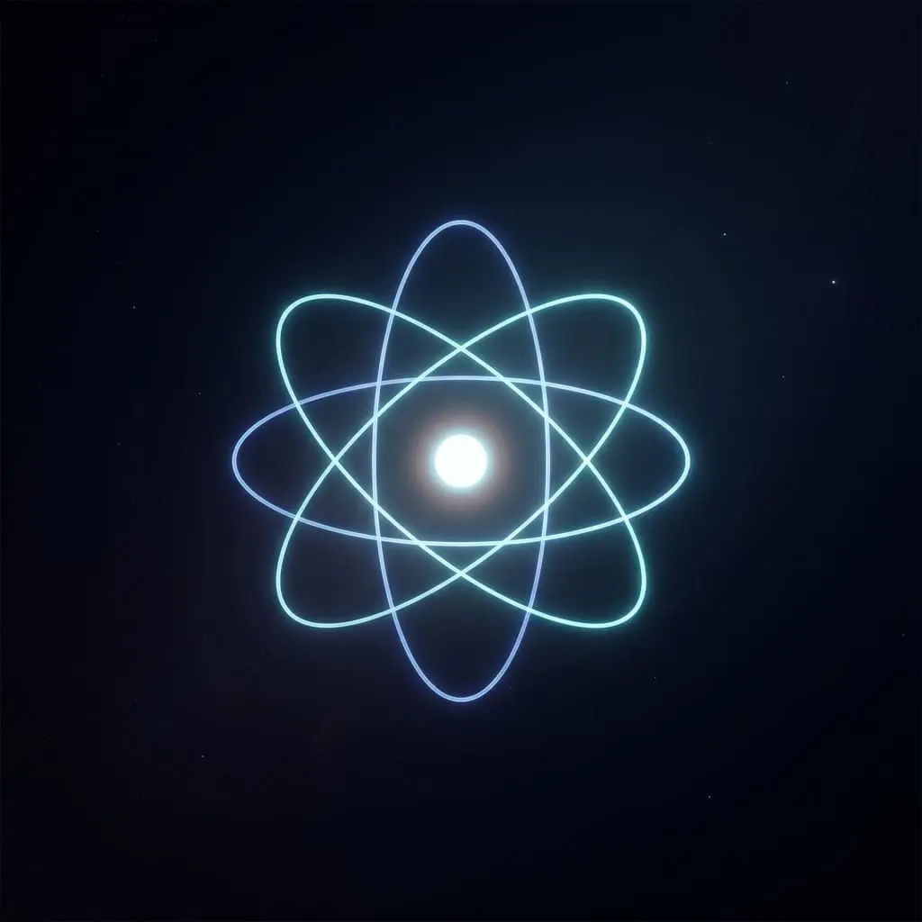 A bright white core surrounded by intersecting glowing blue-green elliptical orbital rings against dark space.