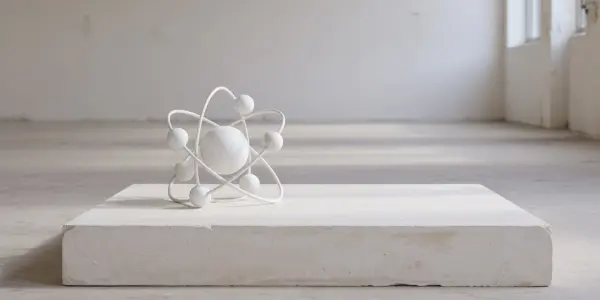 A white atomic model sits on a plinth in a bright, minimalist room with a window, creating a stark, clean aesthetic.