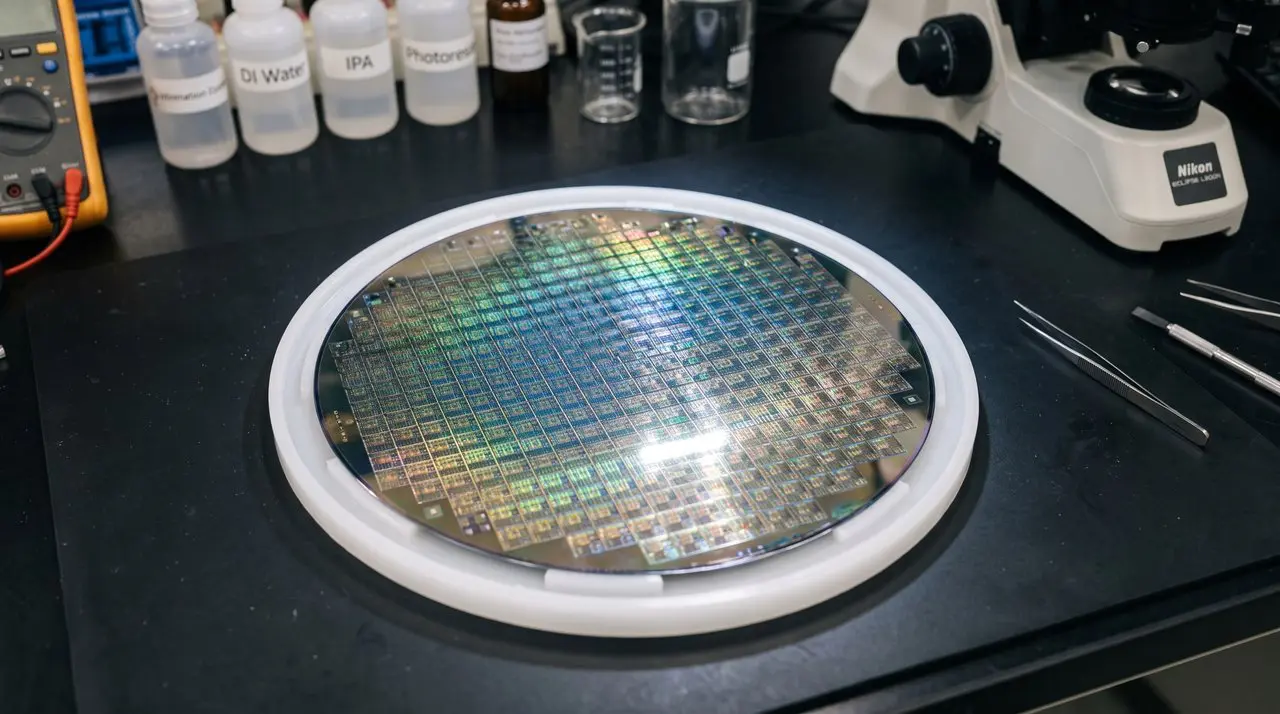 Close-up of an iridescent silicon wafer