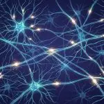 Illustrated neurons firing across a blue field