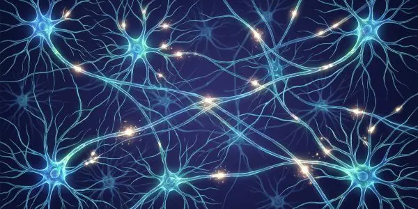 Illustrated neurons firing across a blue field