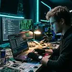 A person working at a laptop among several code-filled screens