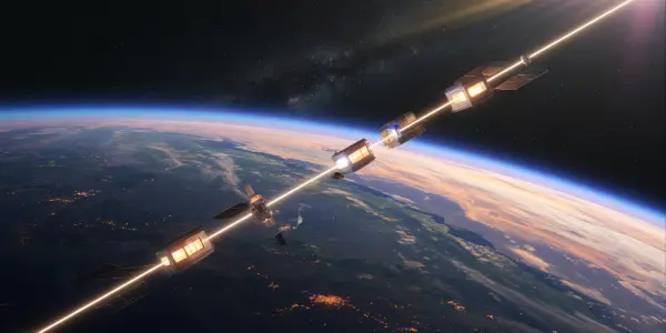 A line of cube-shaped satellites extends into space above a curved Earth, illuminated by a bright sun and starlight.