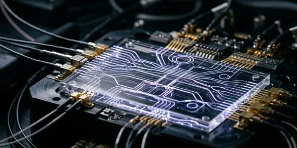 A complex microchip with glowing circuitry sits amidst a dark, metallic framework, illuminated by cool, blue light