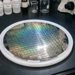 Close-up of an iridescent silicon wafer