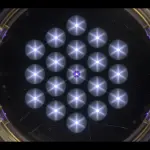 A dark, circular chamber contains a grid of bright, star-like lights, with a central purple glow, creating a futuristic scene.