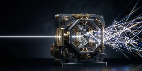 Single white beam entering a geared metal box with a crystal core and leaving as scattered rays