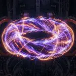A vibrant, swirling energy orb dominates the frame, contained within a complex, dark technological structure with purple and orange hues.