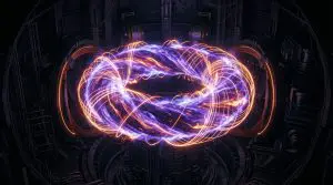A vibrant, swirling energy orb dominates the frame, contained within a complex, dark technological structure with purple and orange hues.