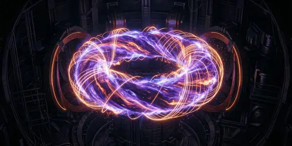 A vibrant, swirling energy orb dominates the frame, contained within a complex, dark technological structure with purple and orange hues.