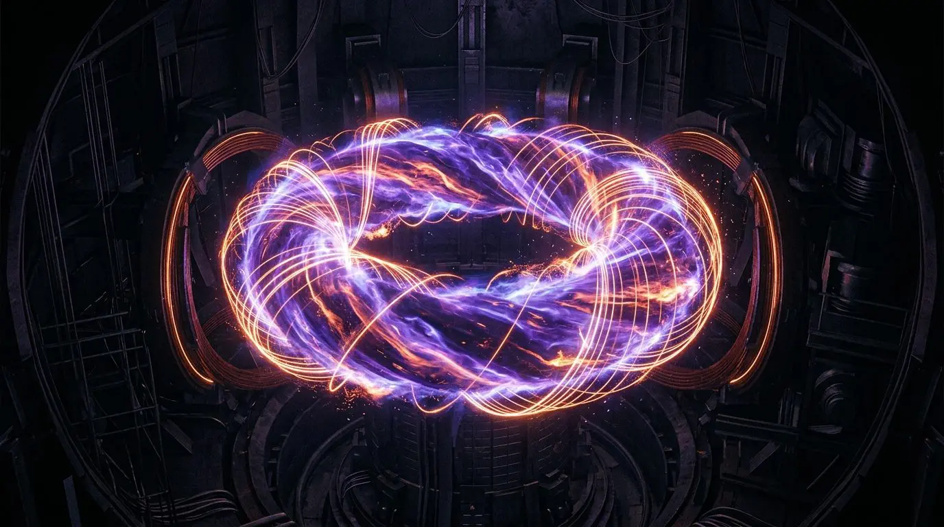 A vibrant, swirling energy orb dominates the frame, contained within a complex, dark technological structure with purple and orange hues.