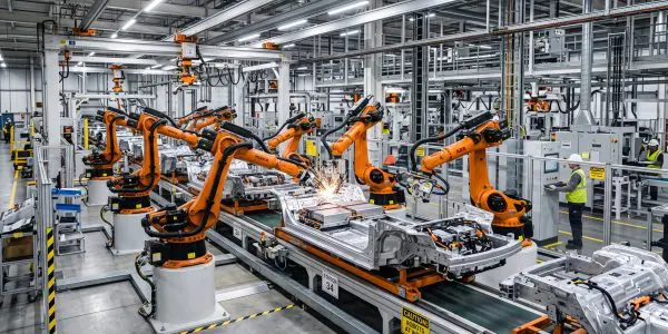Robot arms welding car parts under factory lighting
