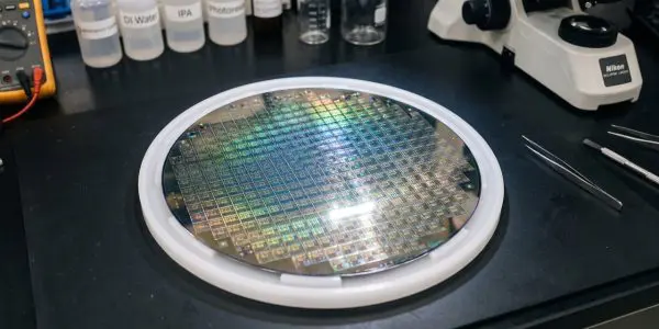 Close-up of an iridescent silicon wafer