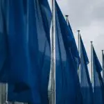 A row of unmarked blue flags outside an institutional building