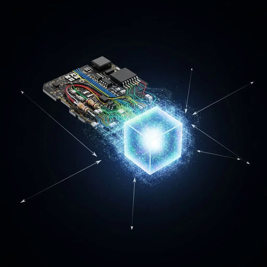 Compact airborne sensor device with classical circuitry merging into glowing quantum core