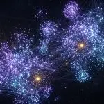 Clusters of glowing violet and cyan nodes joined by fine lines against a starry black background