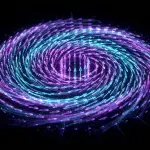 A swirling vortex of cyan and violet light streams against a dark background, creating a dynamic, abstract composition