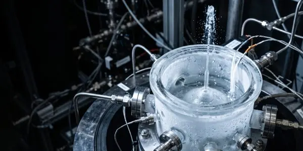Frosted glass vessel with a thin liquid jet rising from its centre, ringed by steel fittings