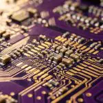 A close-up of a purple circuit board with gold traces and tiny electronic components, illuminated with warm light.