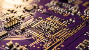 A close-up of a purple circuit board with gold traces and tiny electronic components, illuminated with warm light.