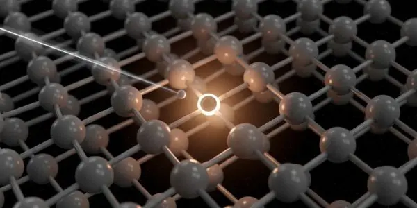 Silicon lattice with single carbon defect center emitting soft near-infrared glow, ion beam trail visible entering crystal