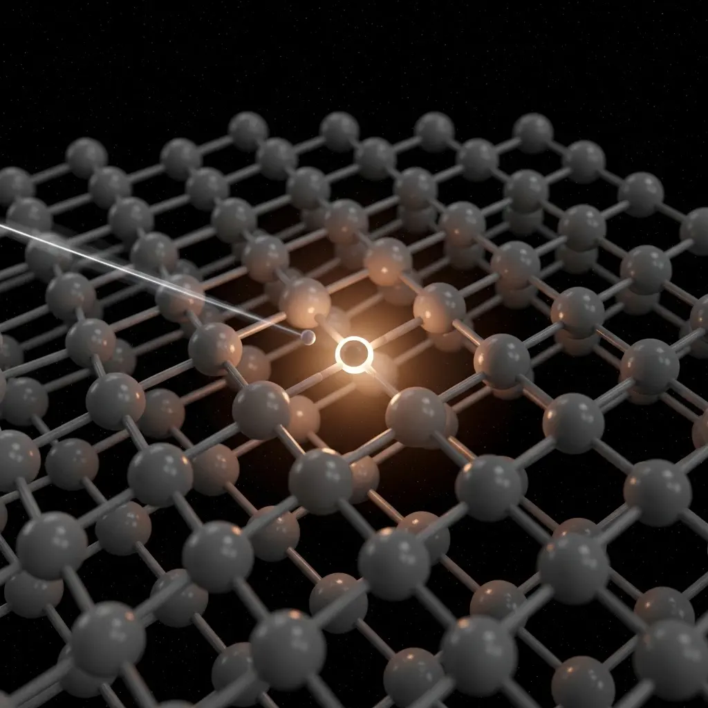 Silicon lattice with single carbon defect center emitting soft near-infrared glow, ion beam trail visible entering crystal