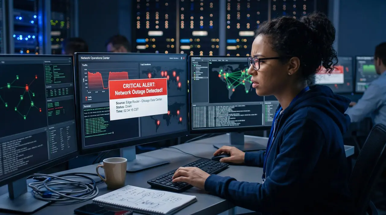 A darkened network operations center features a person focused on multiple monitors displaying data and a critical alert