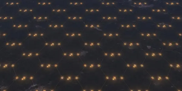A dark, textured surface is overlaid with a grid of glowing golden nodes connected by thin lines, creating a network.