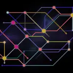 A complex network of glowing lines and nodes sits against a dark, starry background, using vibrant pink, blue, and gold.
